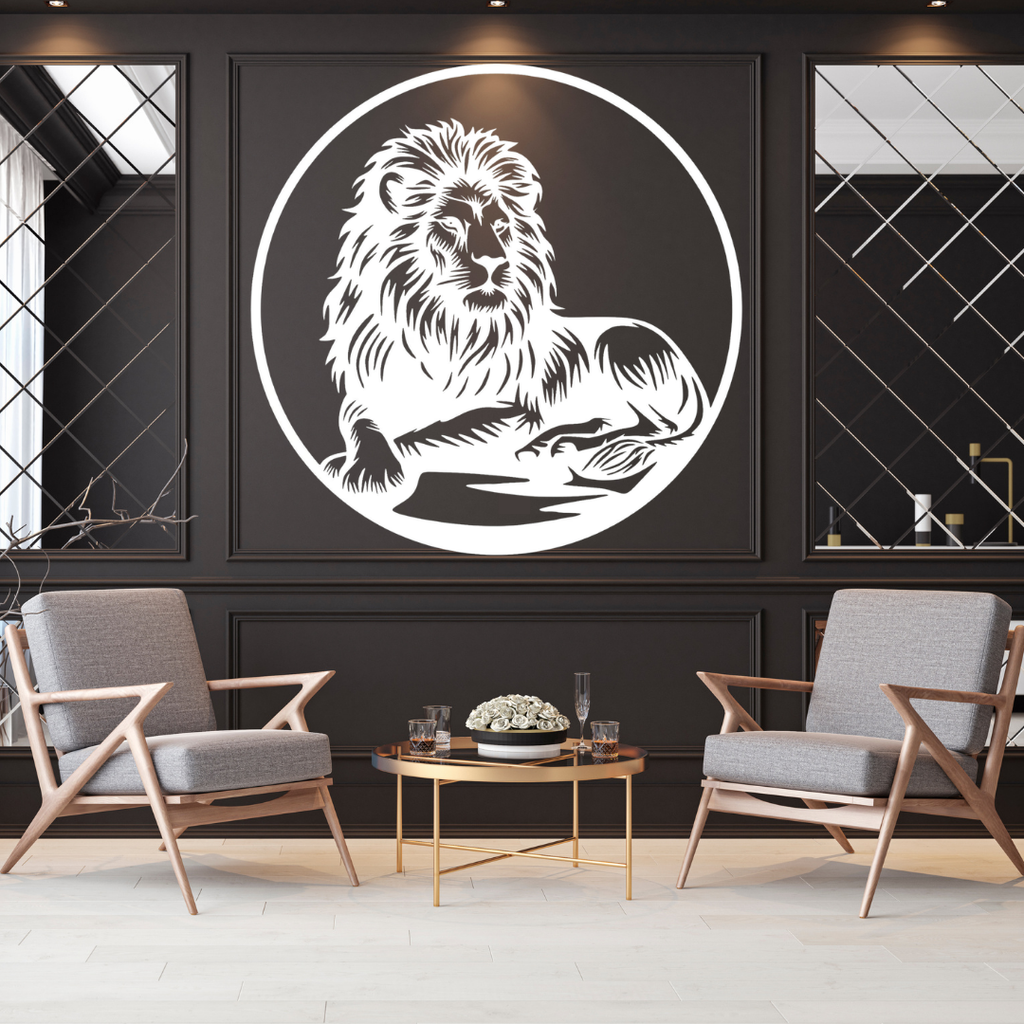 King of the Pride | Lion Metal Wall Art showcased in a sophisticated luxury lounge, highlighting an impressive circular metal sculpture of a regal lion. This premium laser cut steel wall art adds timeless African wildlife elegance to living rooms, offices, lodges and modern interiors.