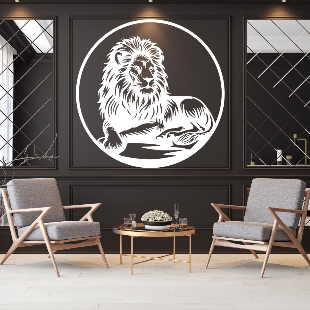 King of the Pride | Lion Metal Wall Art showcased in a sophisticated luxury lounge, highlighting an impressive circular metal sculpture of a regal lion. This premium laser cut steel wall art adds timeless African wildlife elegance to living rooms, offices, lodges and modern interiors.