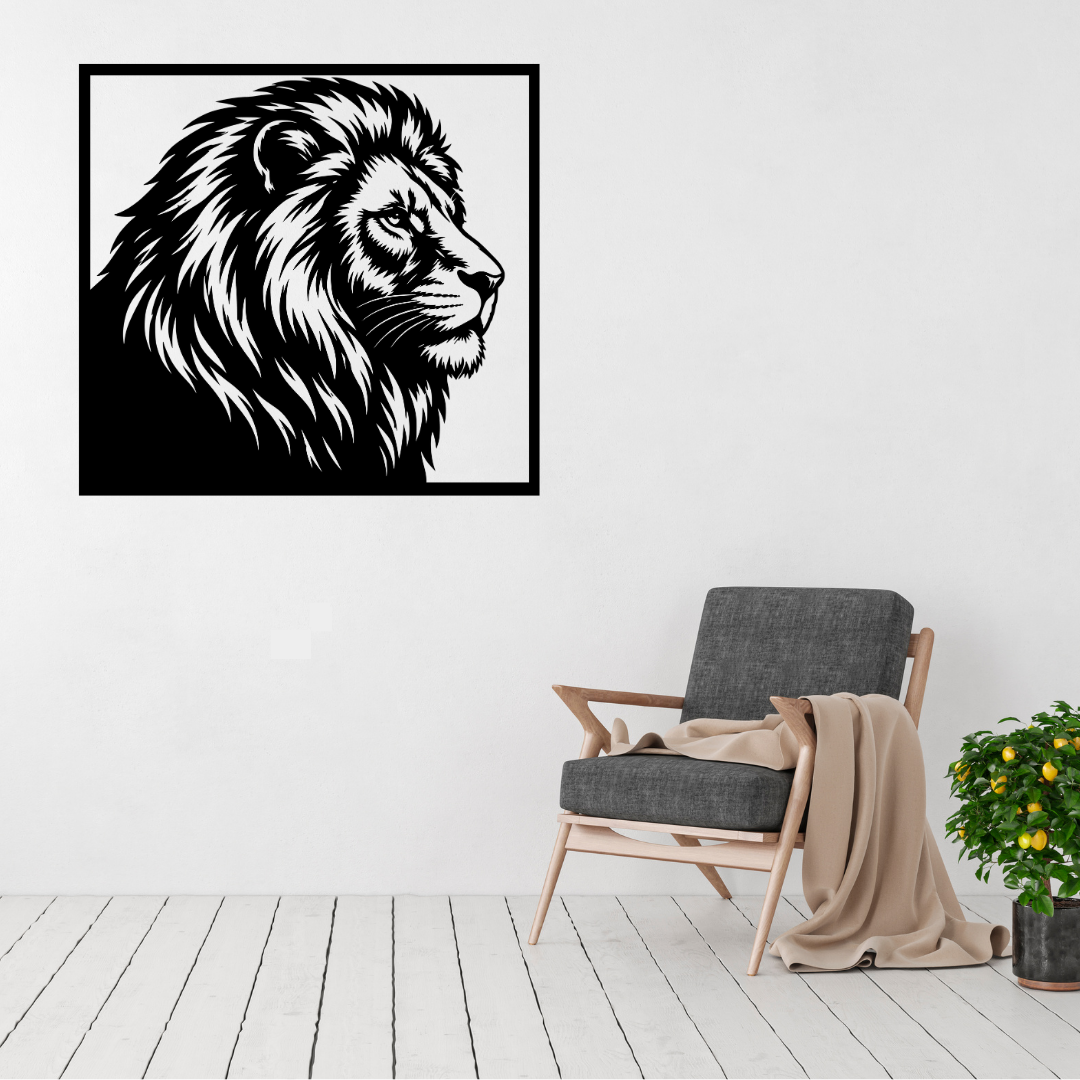 King of the Wild majestic lion metal wall art displayed above a contemporary chair in a stylish modern interior