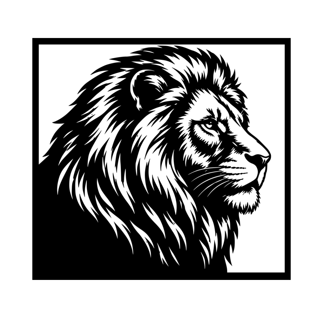 King of the Wild majestic lion metal wall art isolated on a white background showing a detailed lion profile and flowing mane