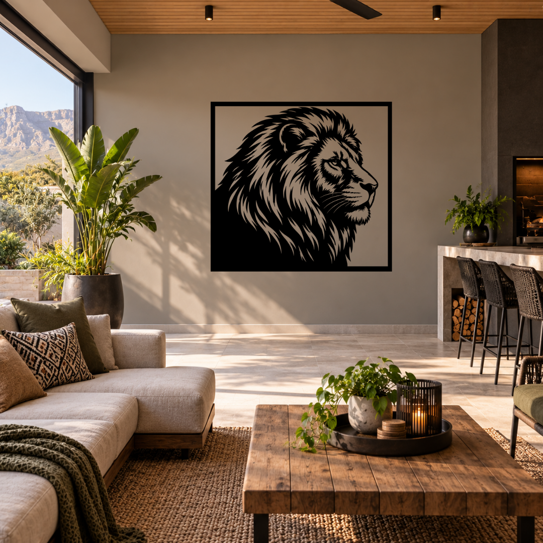 King of the Wild majestic lion metal wall art displayed in a modern room with contemporary African-inspired décor