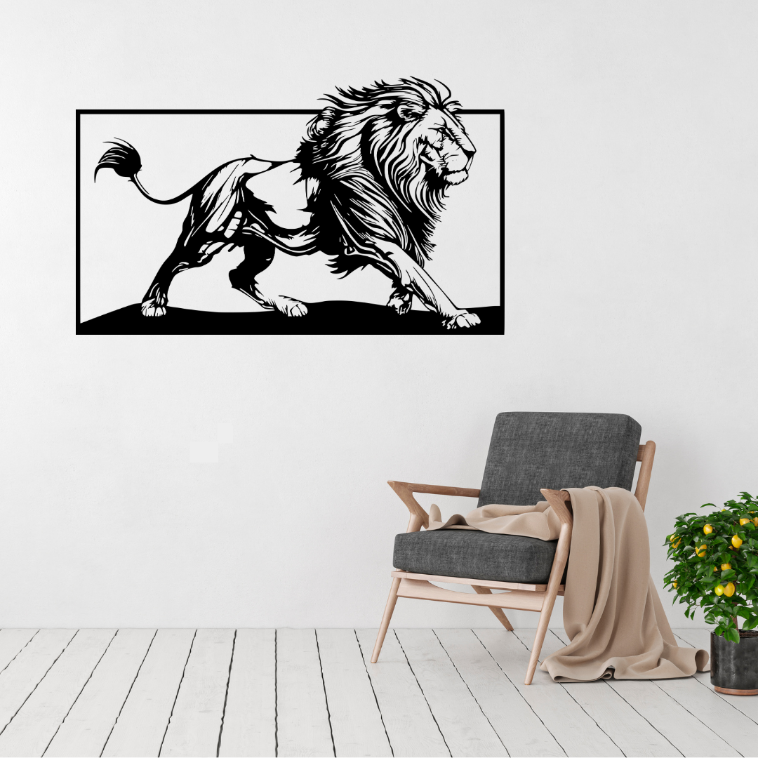 Kingdom of the Plains | Lion Metal Wall Art displayed in a modern living room.