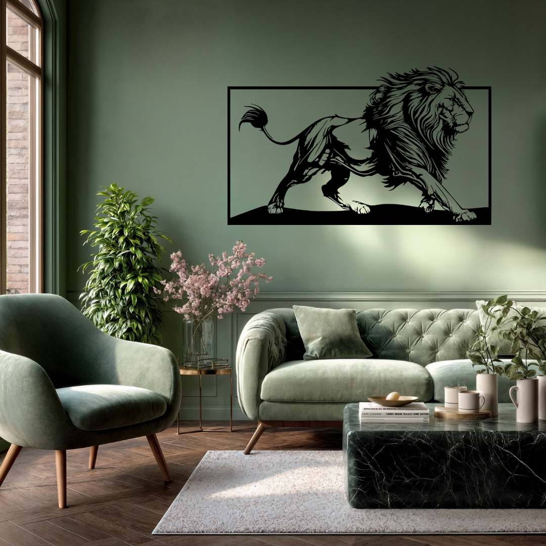 Kingdom of the Plains | Lion Metal Wall Art mounted in a stylish contemporary living room.
