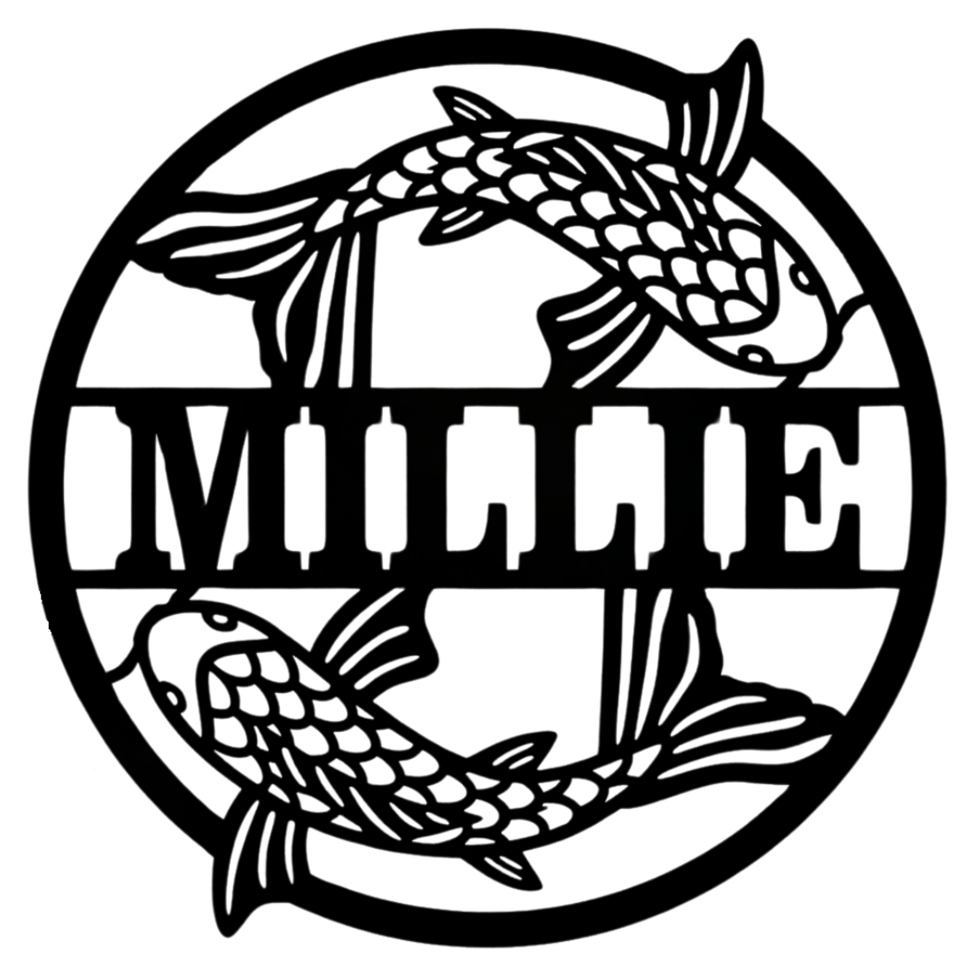 Koi Serenity metal wall sign isolated on plain background