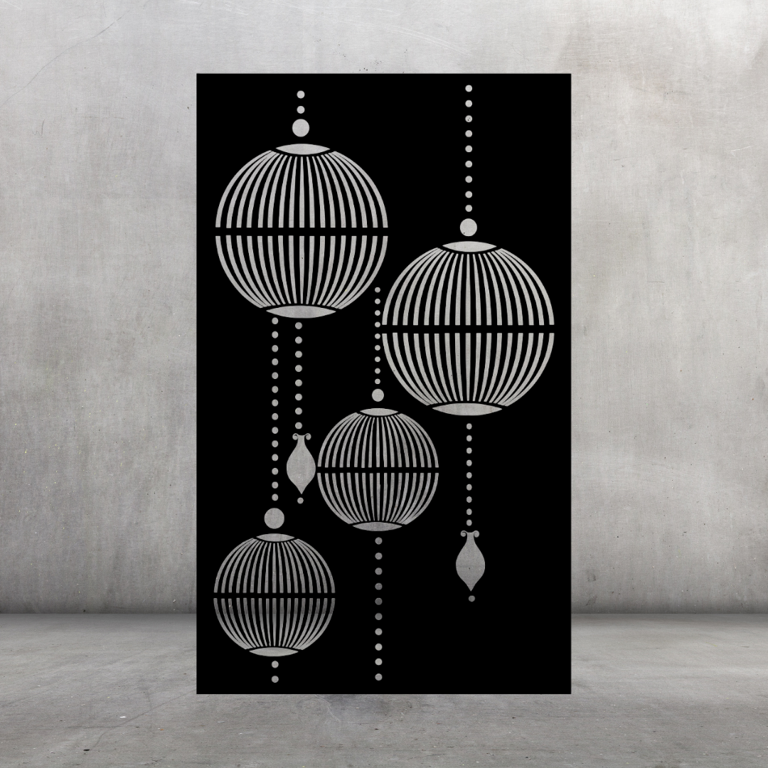 Lantern Cascade contemporary metal privacy screen displayed against a dark grey wall with circular and ornamental hanging forms