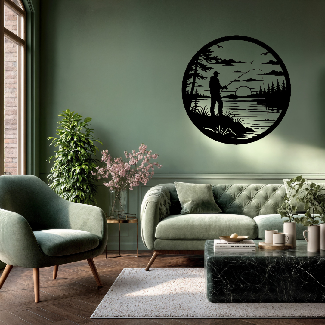 Last Cast | Angler Sunset Metal Wall Art showcased on a contemporary feature wall, highlighting a peaceful fishing scene with an angler casting into a sunset lake surrounded by pine trees in an elegant circular black metal design, ideal for fishing lovers, lake houses, cabins and modern living spaces.