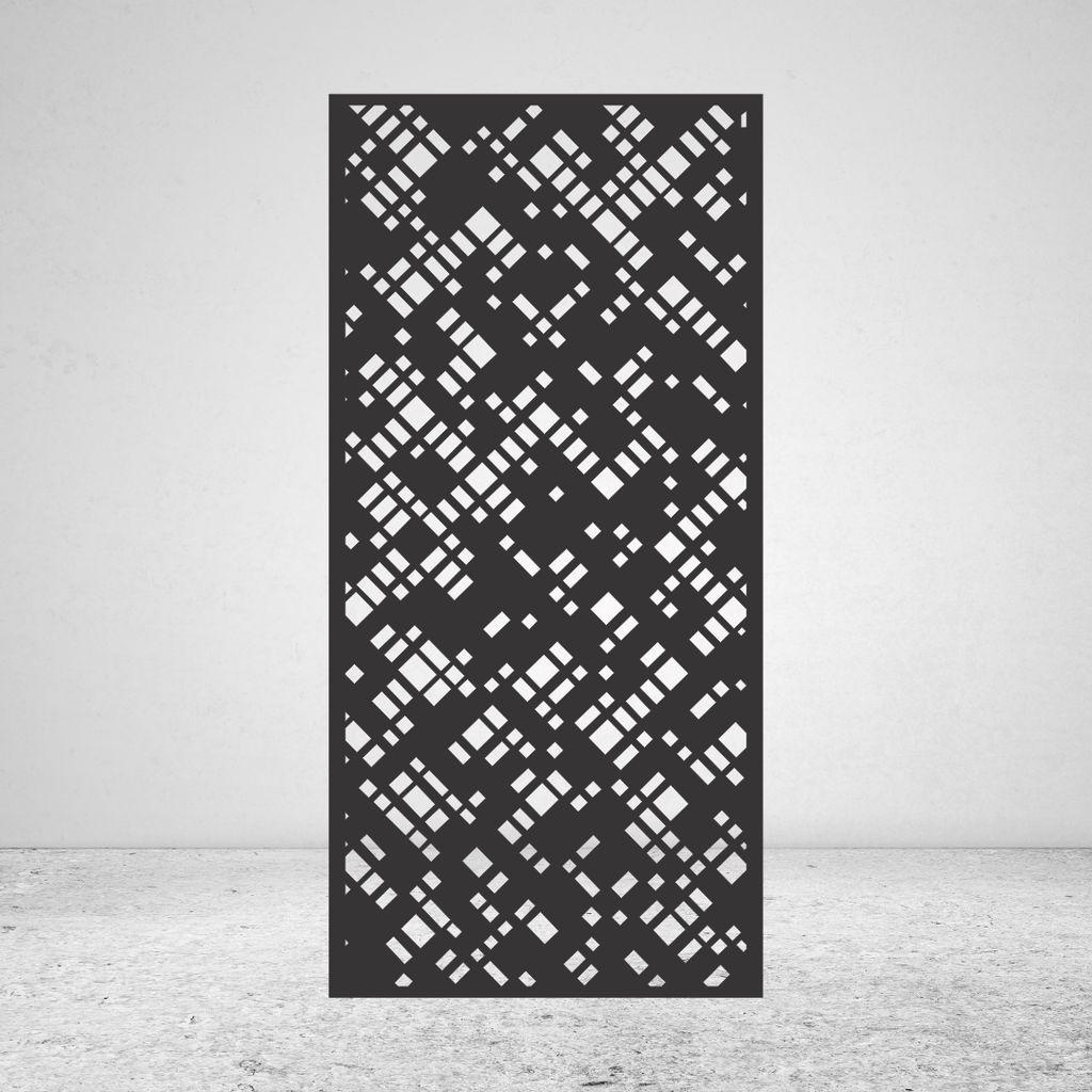 Lattice Weave geometric metal privacy screen with intricate interlocking diamond and linear cut-out pattern