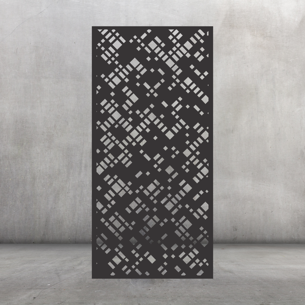 Lattice Weave contemporary metal privacy screen displayed against a dark grey wall with repeating geometric lattice pattern