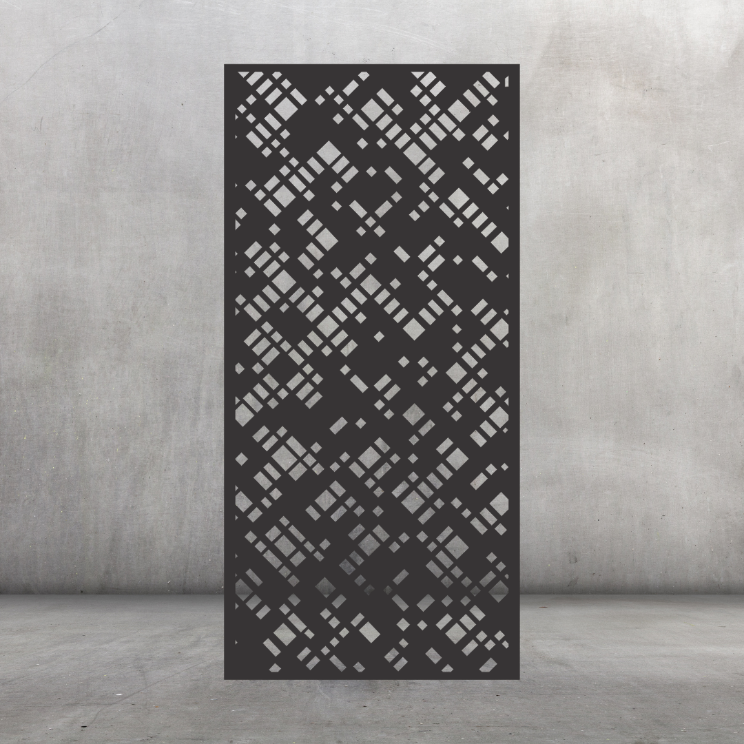 Lattice Weave contemporary metal privacy screen displayed against a dark grey wall with repeating geometric lattice pattern