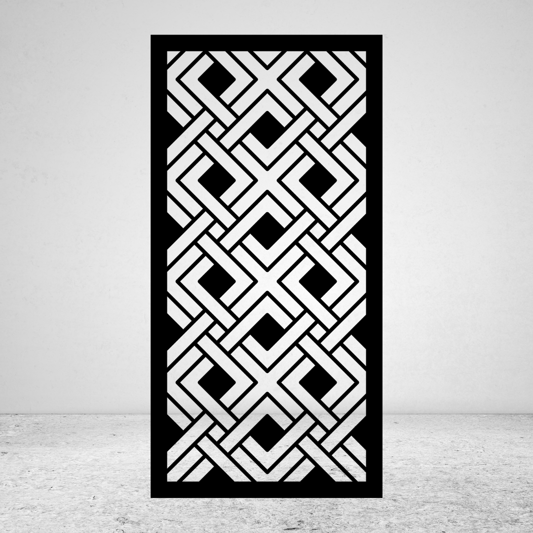 Lattice Weave interlocking geometric metal privacy screen with repeating diamond and woven band pattern