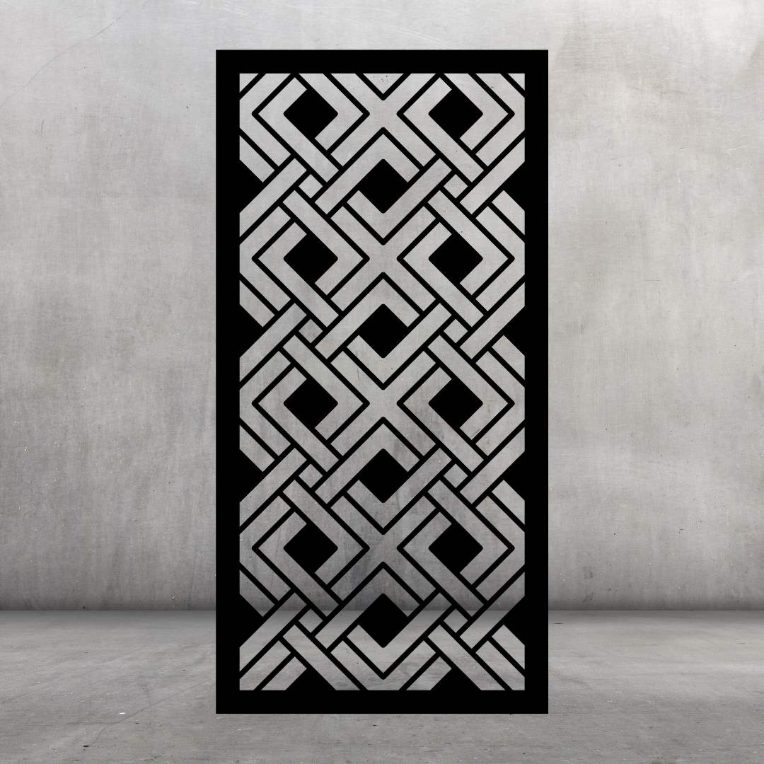 Lattice Weave contemporary metal privacy screen displayed against a dark grey wall with repeating diamond and woven shapes