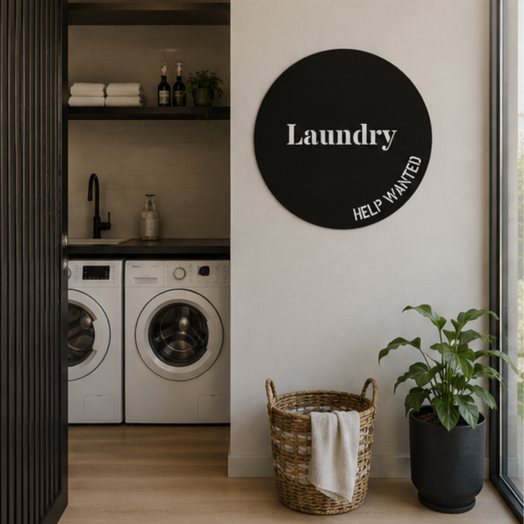 Laundry Home Essentials metal sign mounted beside a modern laundry room with front-loading washing machines and woven laundry basket.