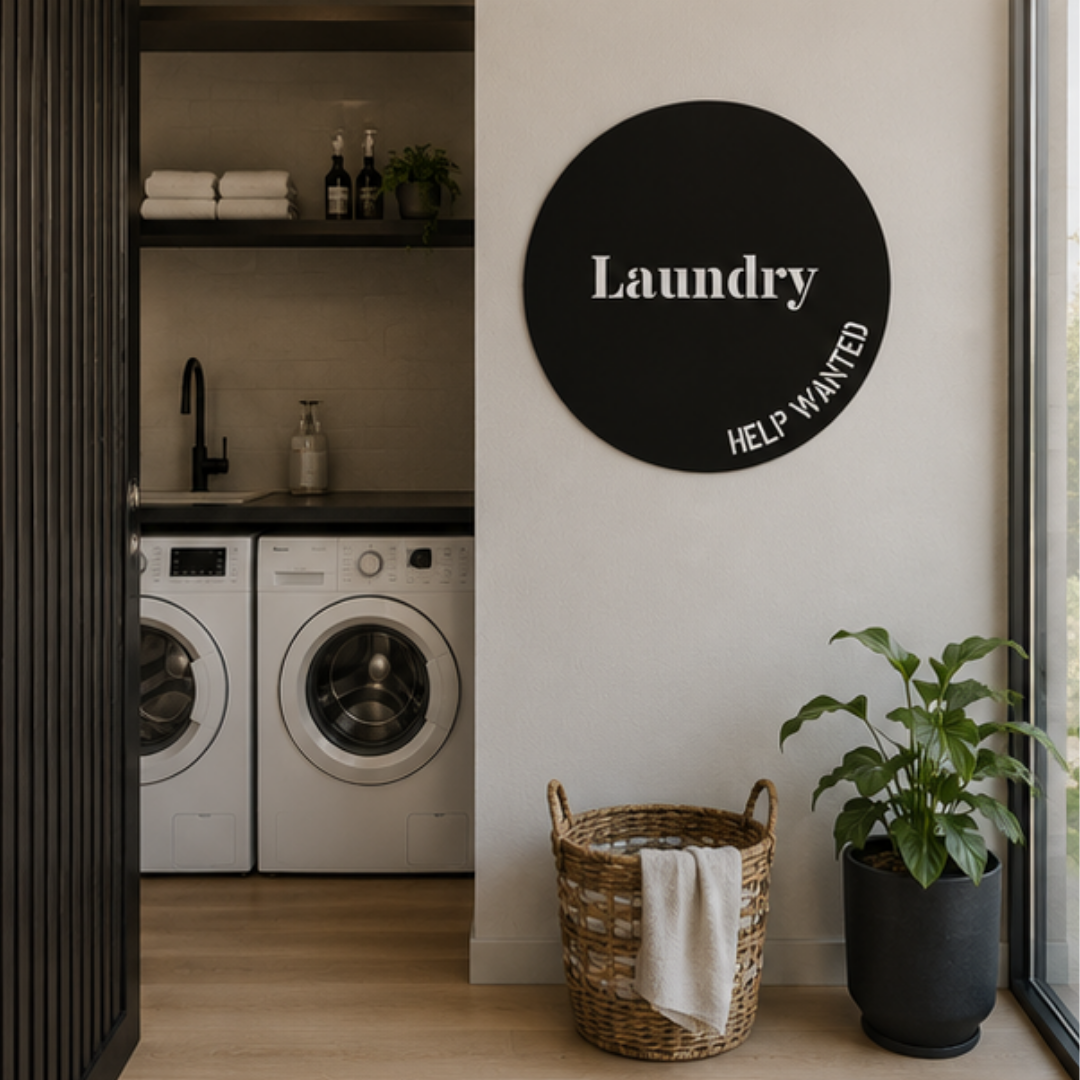 Laundry Home Essentials metal sign mounted beside a modern laundry room with front-loading washing machines and woven laundry basket.