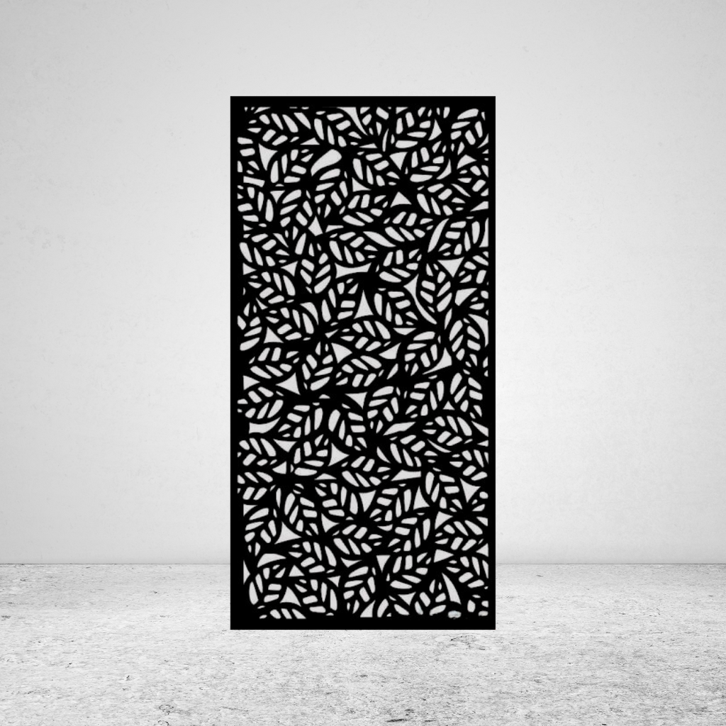 Leaf Cascade full coverage metal privacy screen mounted against a light grey wall with dense leaf cut-out design