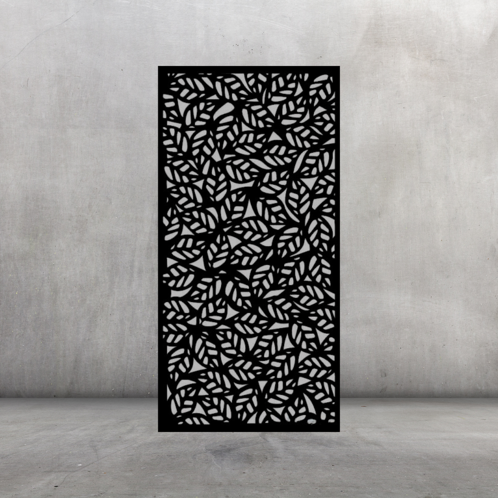 Leaf Cascade nature-inspired metal privacy screen displayed against a dark grey wall with bold botanical pattern