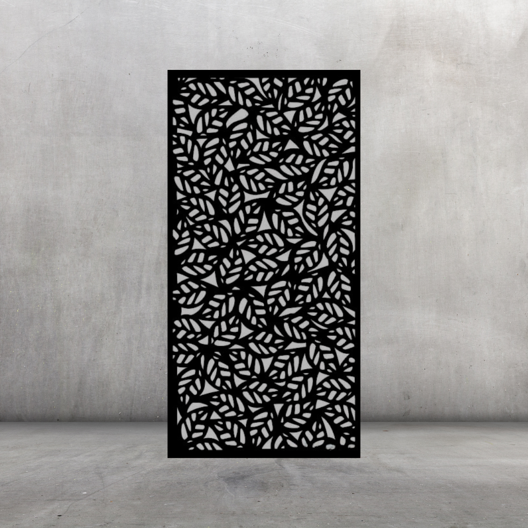 Leaf Cascade nature-inspired metal privacy screen displayed against a dark grey wall with bold botanical pattern