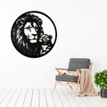 Legacy of the Pride | Lion & Cub Metal Wall Art displayed in a bright modern living room, featuring a majestic lion affectionately gazing at its cub within a circular frame.
