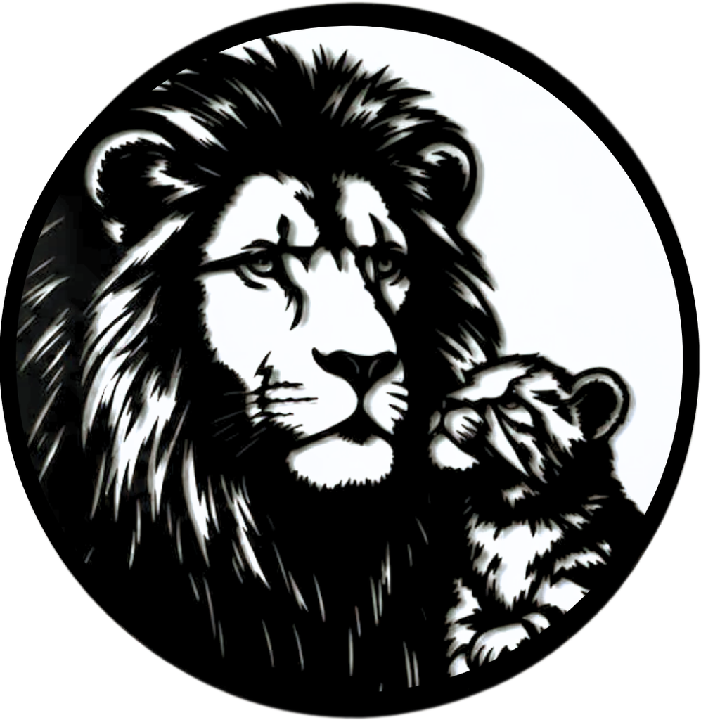 Legacy of the Pride | Lion & Cub Metal Wall Art showcasing an intricately detailed lion and cub portrait inside a minimalist circular frame.