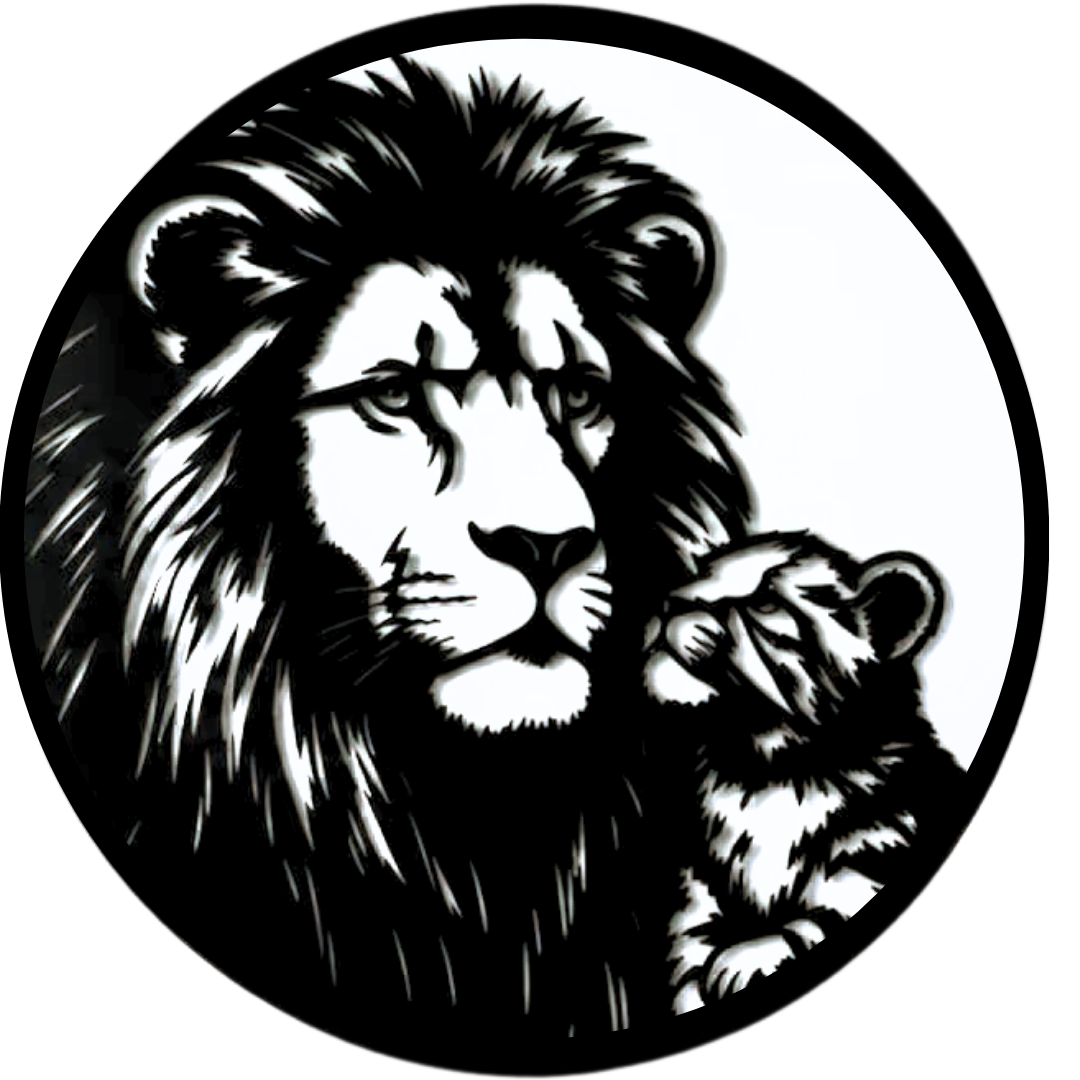Legacy of the Pride | Lion & Cub Metal Wall Art showcasing an intricately detailed lion and cub portrait inside a minimalist circular frame.