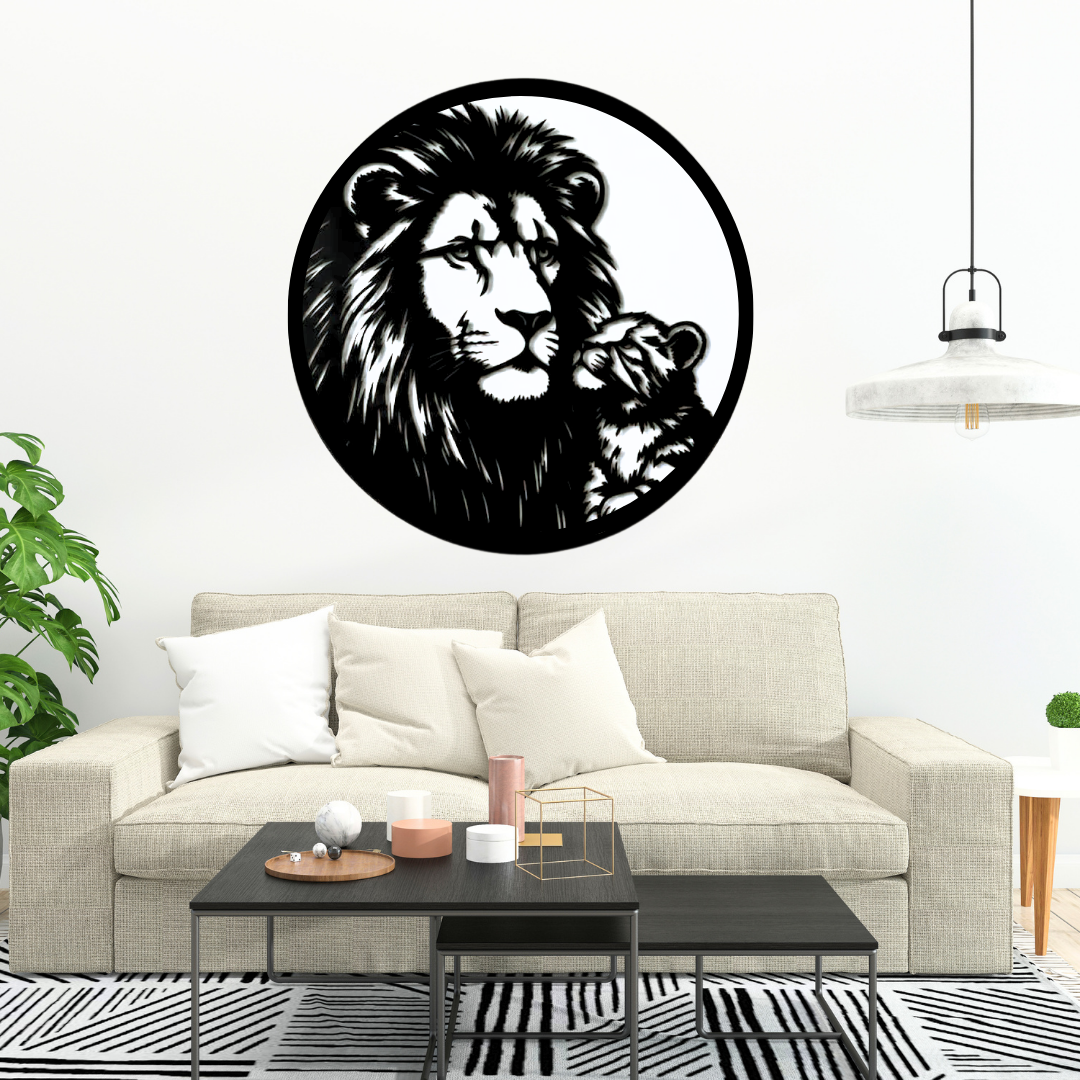 Legacy of the Pride | Lion & Cub Metal Wall Art featured above a contemporary sofa in a stylish living room.
