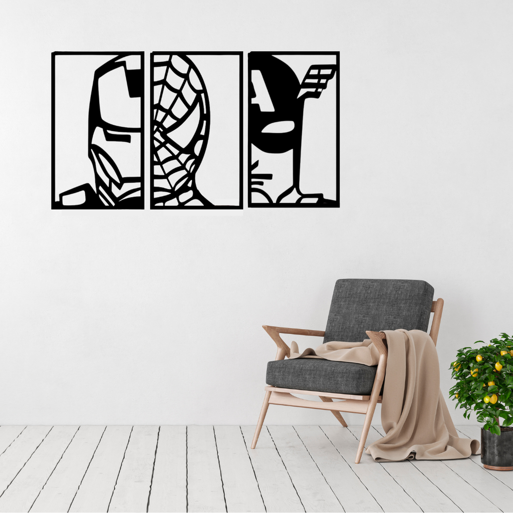 Superhero wall art displayed in a modern entertainment room