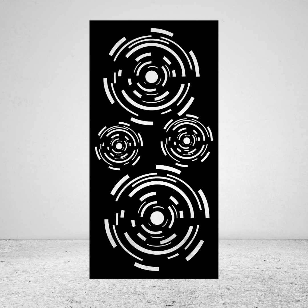 Lens camera-inspired metal privacy screen with layered concentric circles and segmented lens-style pattern