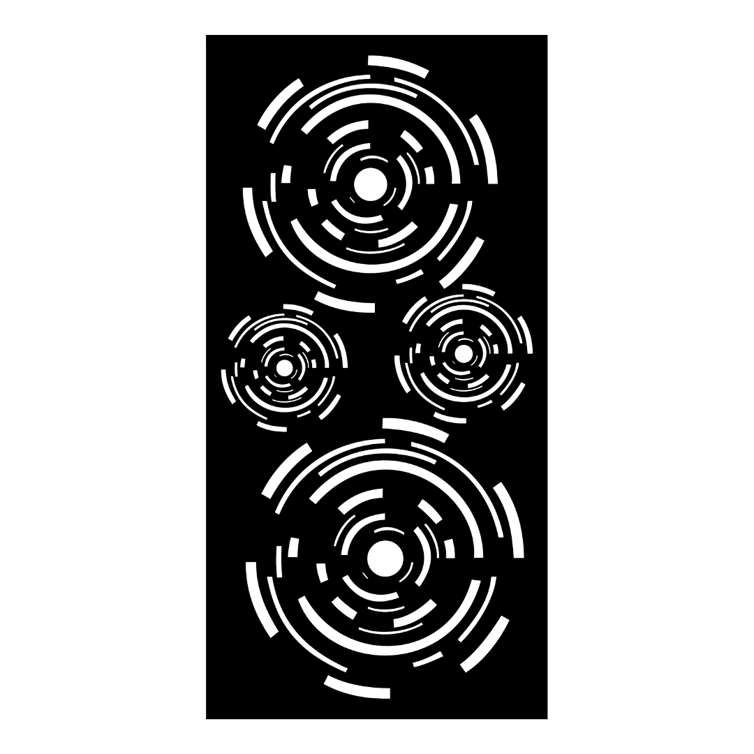 Lens decorative metal privacy panel isolated on a white background showing its camera lens-inspired circular detailing