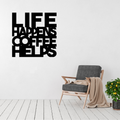Life Happens Coffee Helps | Coffee Quote Metal Wall Art displayed in a modern living space above a contemporary accent chair.
