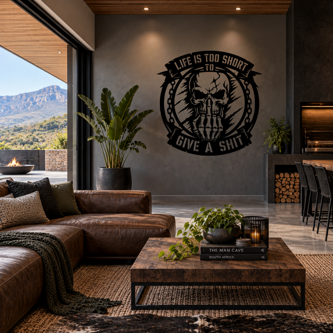 Life Is Short skull metal wall art displayed in a modern interior