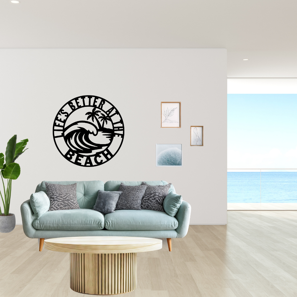 Life's Better at the Beach | Coastal Metal Wall Art mounted in a stylish coastal-inspired living space.