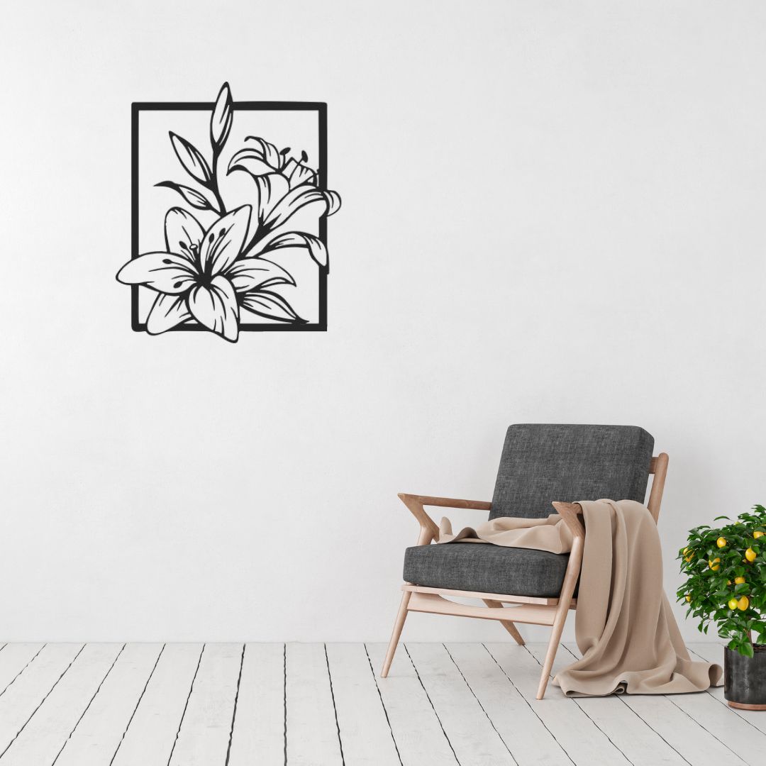 Lily metal wall art displayed in a modern bedroom or living room interior
