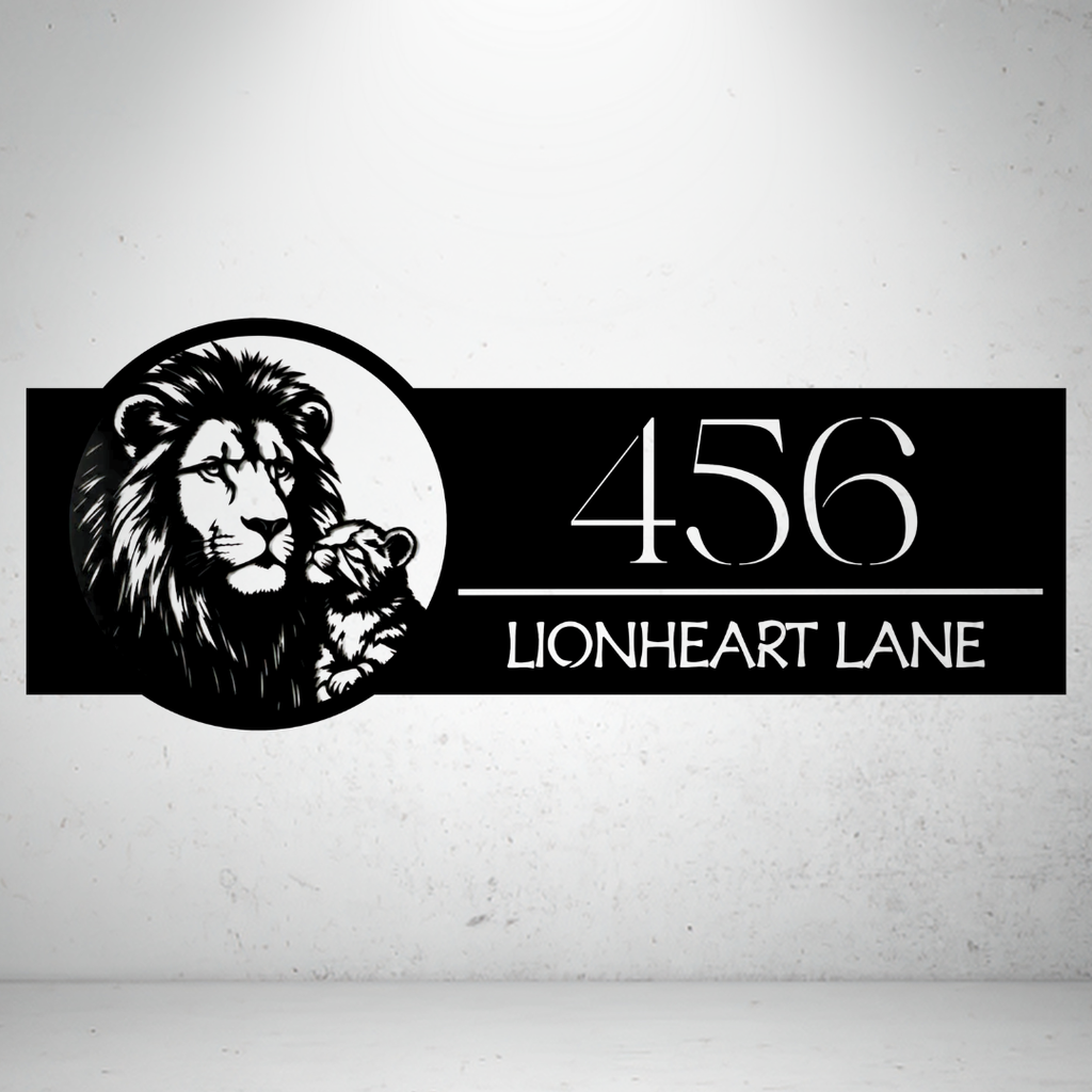 Lionheart Lane personalised lion family metal house number sign featuring a lion and cub with custom address.