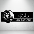 Lionheart Lane personalised lion family metal house number sign featuring a lion and cub with custom address.