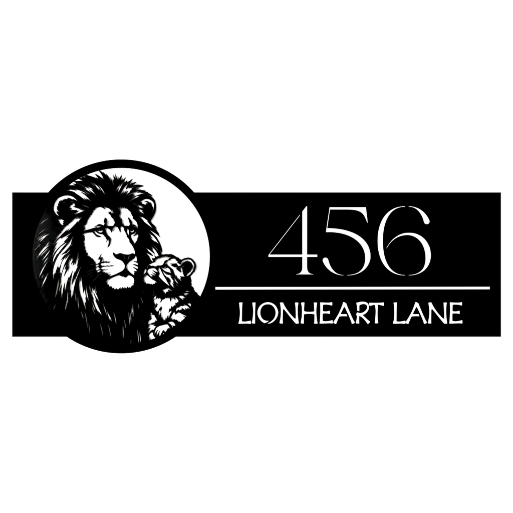 Close-up of the Lionheart Lane laser-cut lion family custom metal address plaque.