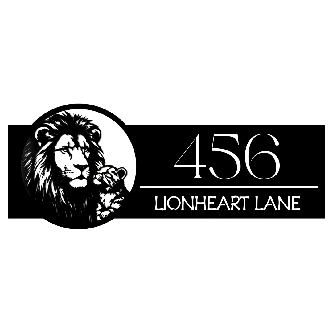 Close-up of the Lionheart Lane laser-cut lion family custom metal address plaque.
