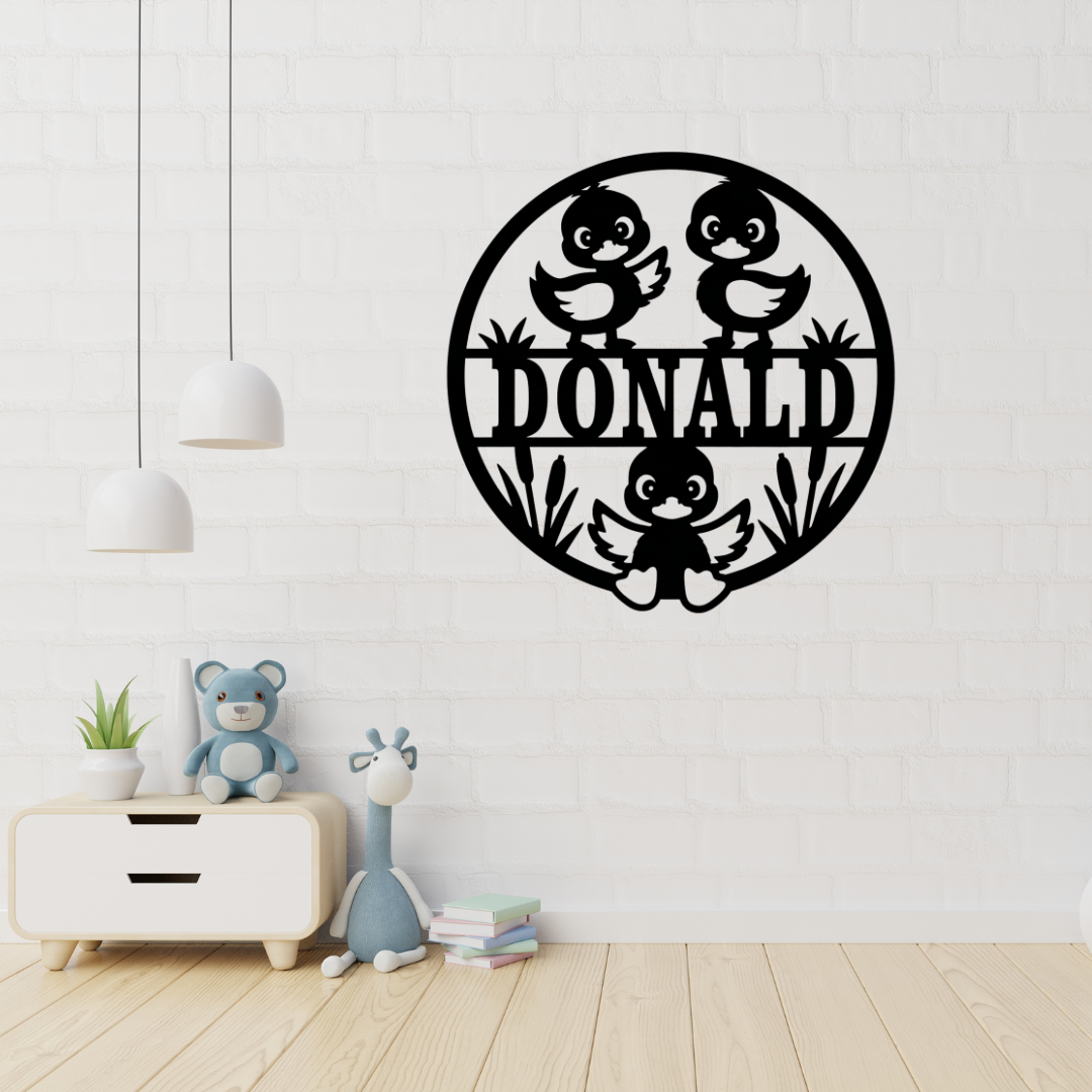 Duckling nursery wall art displayed in a soft neutral baby room