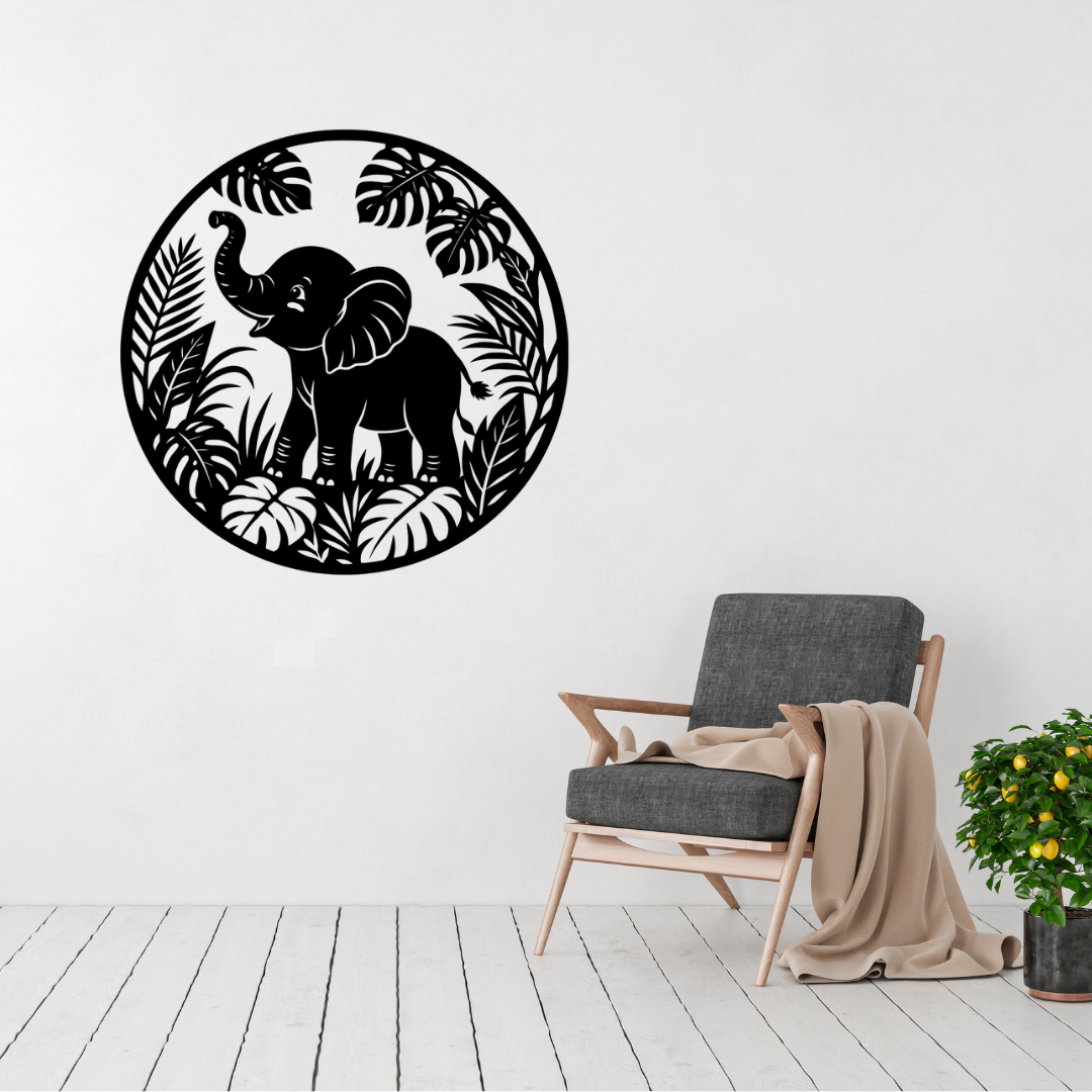 Little Explorer baby elephant metal wall art displayed above a contemporary chair in a modern children's room
