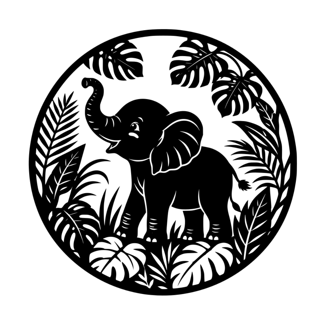 Little Explorer baby elephant metal wall art isolated on a white background showing a young elephant surrounded by tropical leaves