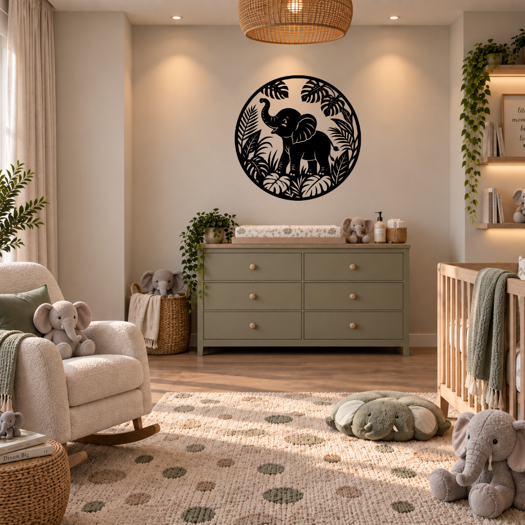 Little Explorer baby elephant metal wall art displayed in a modern nursery with contemporary children's décor