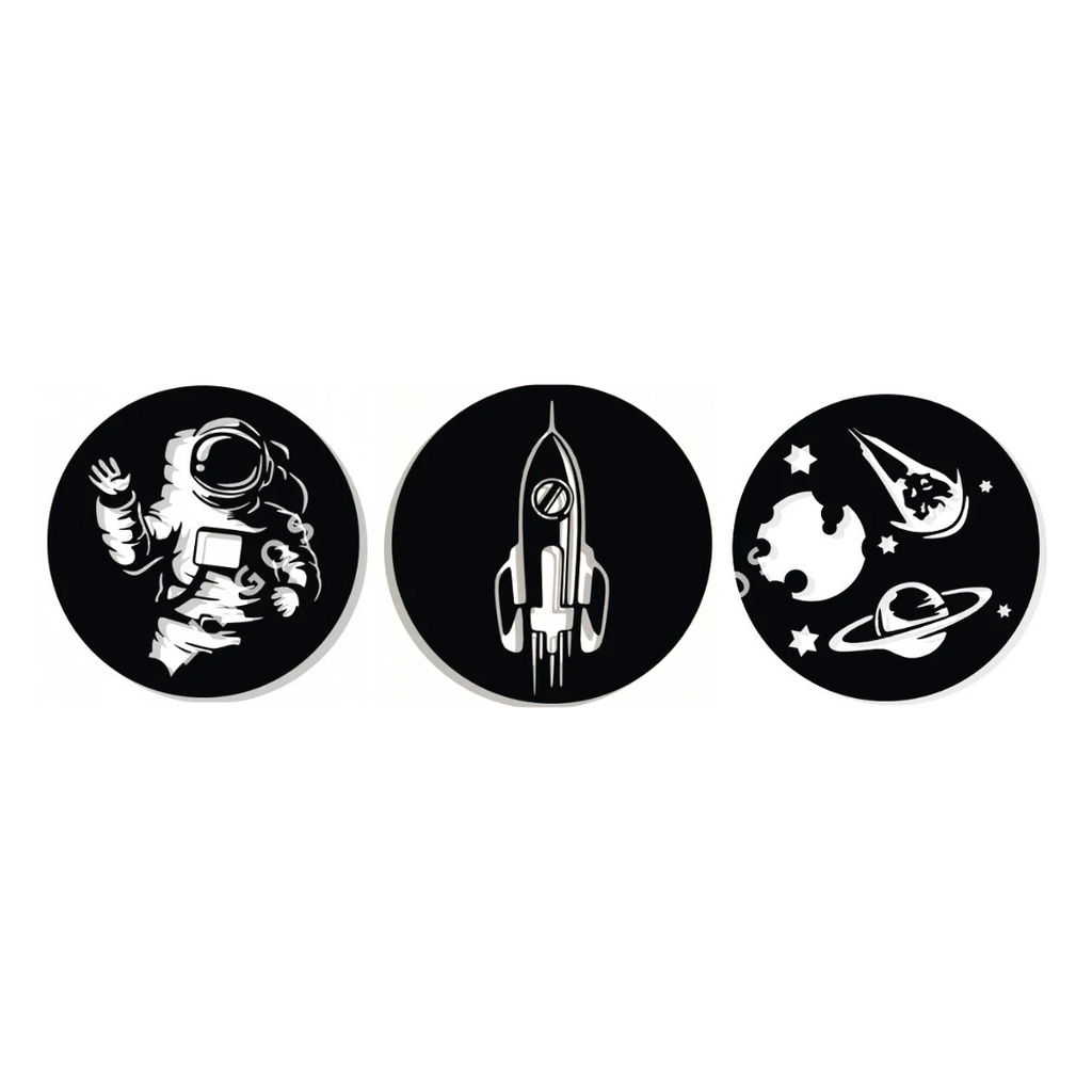 Little Explorers Collection | Space Adventure Metal Wall Art Set featuring three premium laser-cut metal discs with an astronaut, rocket ship and planets with stars.