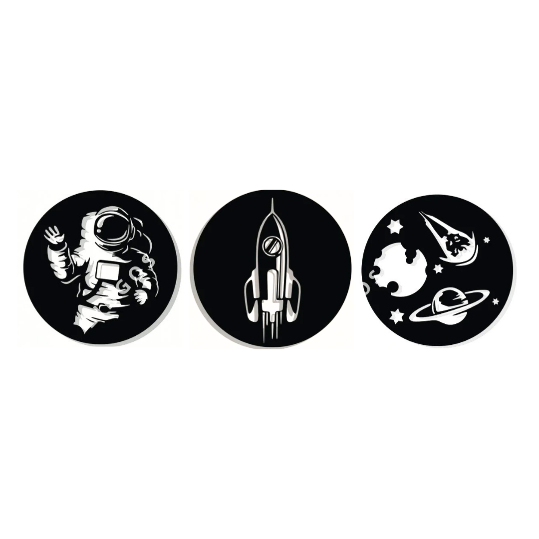 Little Explorers Collection | Space Adventure Metal Wall Art Set featuring three premium laser-cut metal discs with an astronaut, rocket ship and planets with stars.