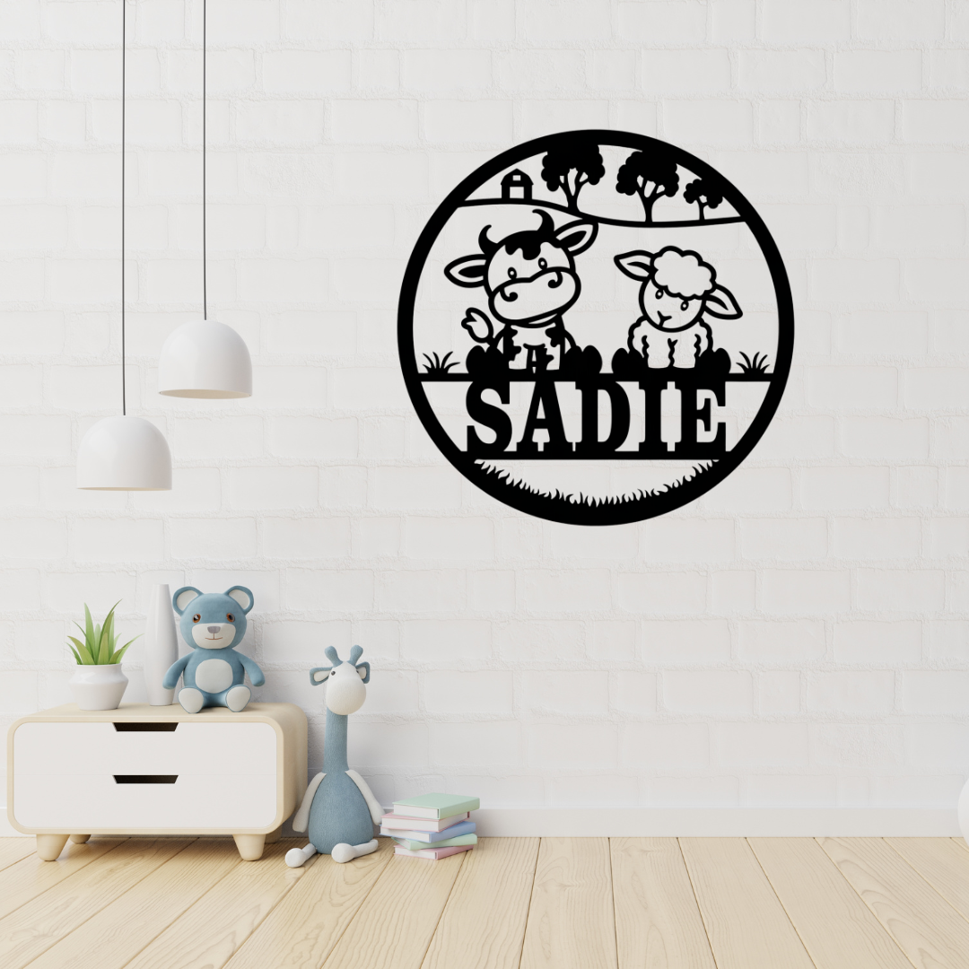 Farm animal wall art displayed in a rustic nursery interior