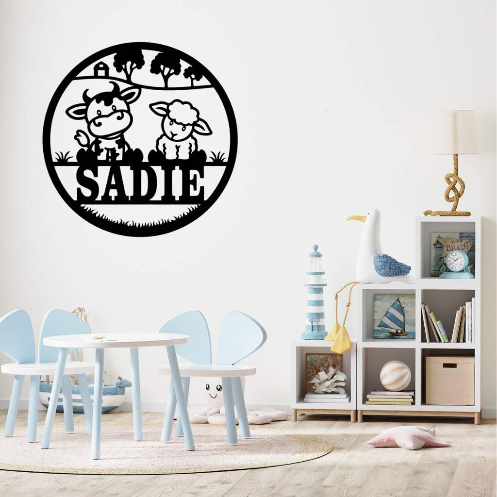 Farm-themed nursery décor styled above a baby crib