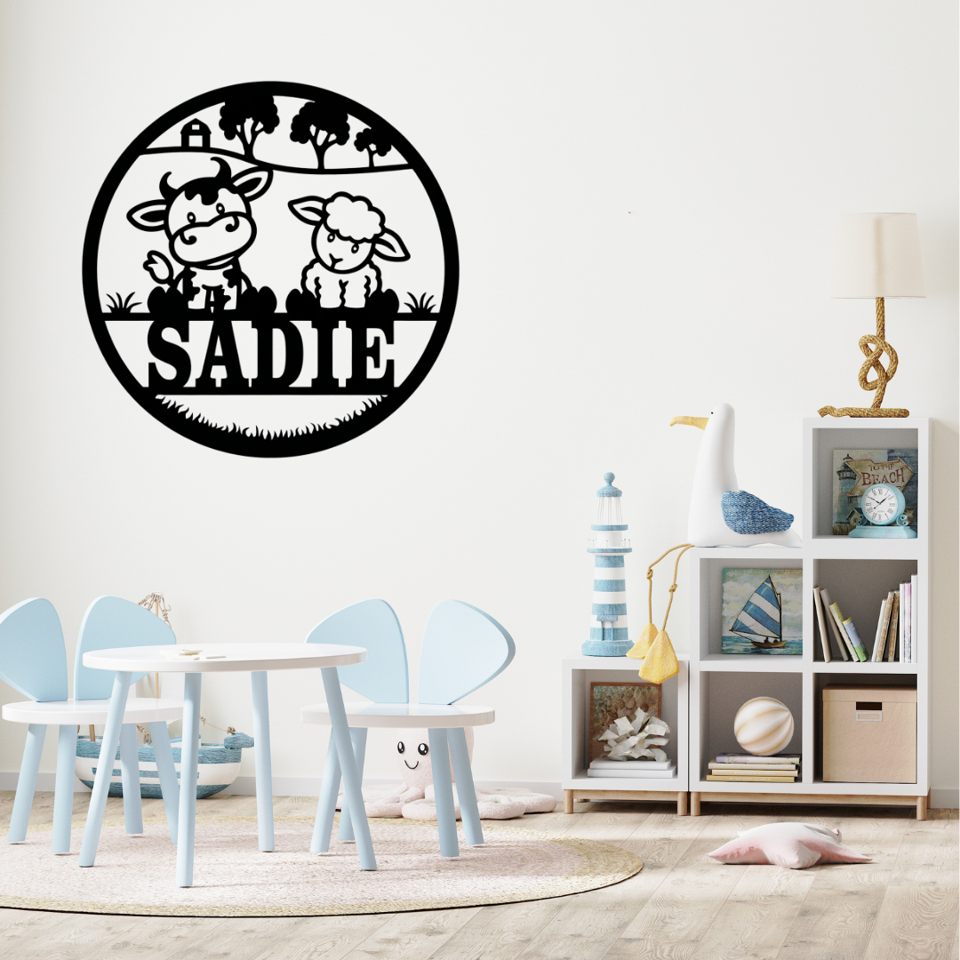 Farm-themed nursery décor styled above a baby crib