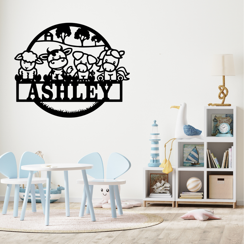Rustic farm décor styled above a child’s bed with wooden accents