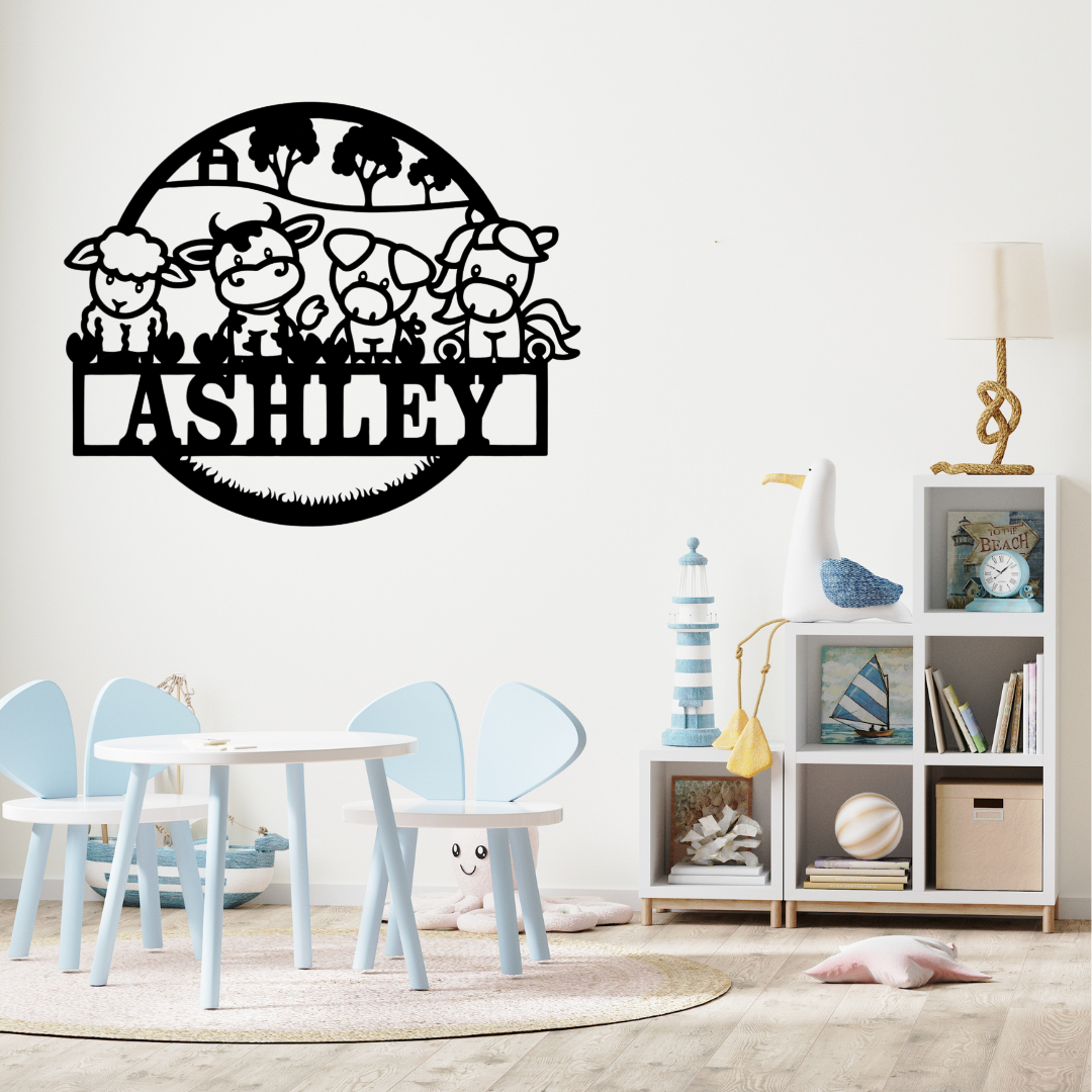 Rustic farm décor styled above a child’s bed with wooden accents