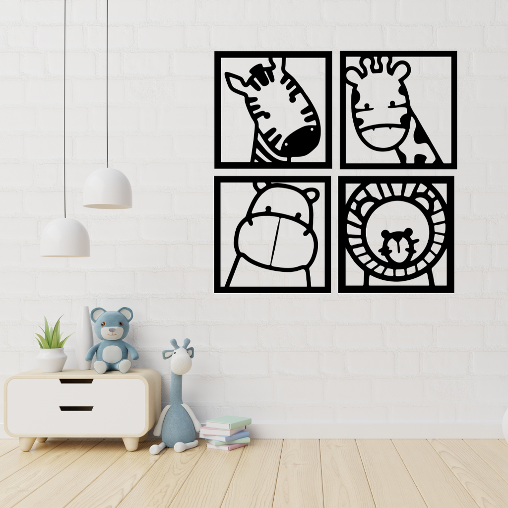 Little Safari Friends | Nursery Animal Metal Wall Art Collection displayed in a bright children's nursery.