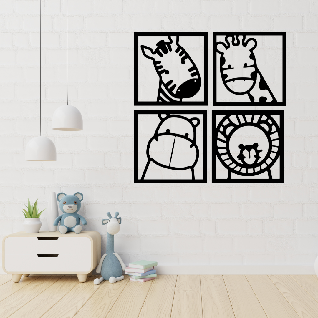 Little Safari Friends | Nursery Animal Metal Wall Art Collection displayed in a bright children's nursery.