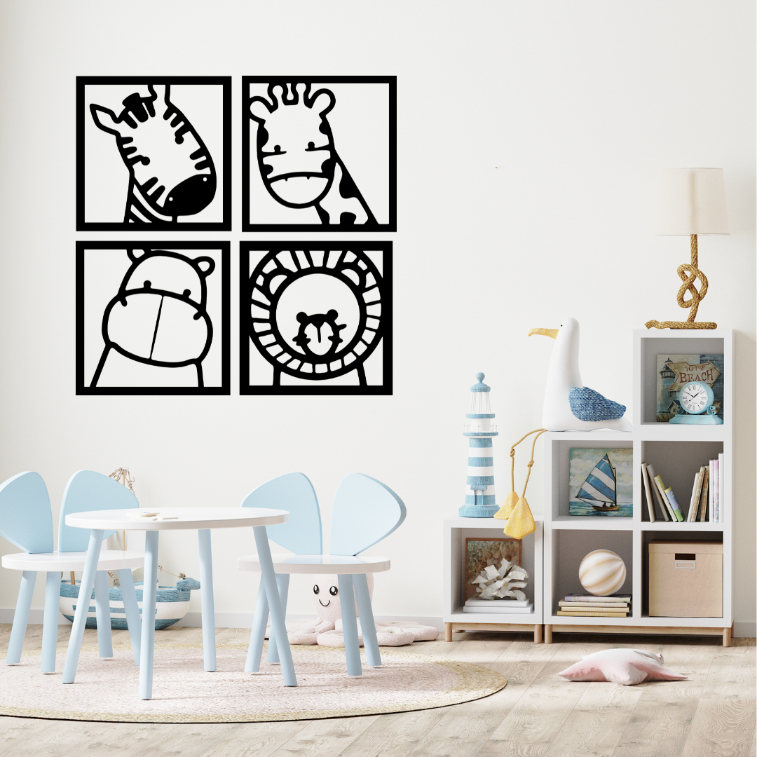 Little Safari Friends | Nursery Animal Metal Wall Art Collection mounted in a stylish children's playroom.