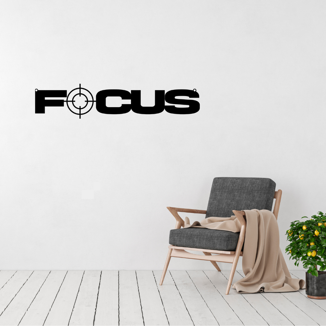 Locked In | Focus Typography Metal Wall Art displayed in a contemporary living room.